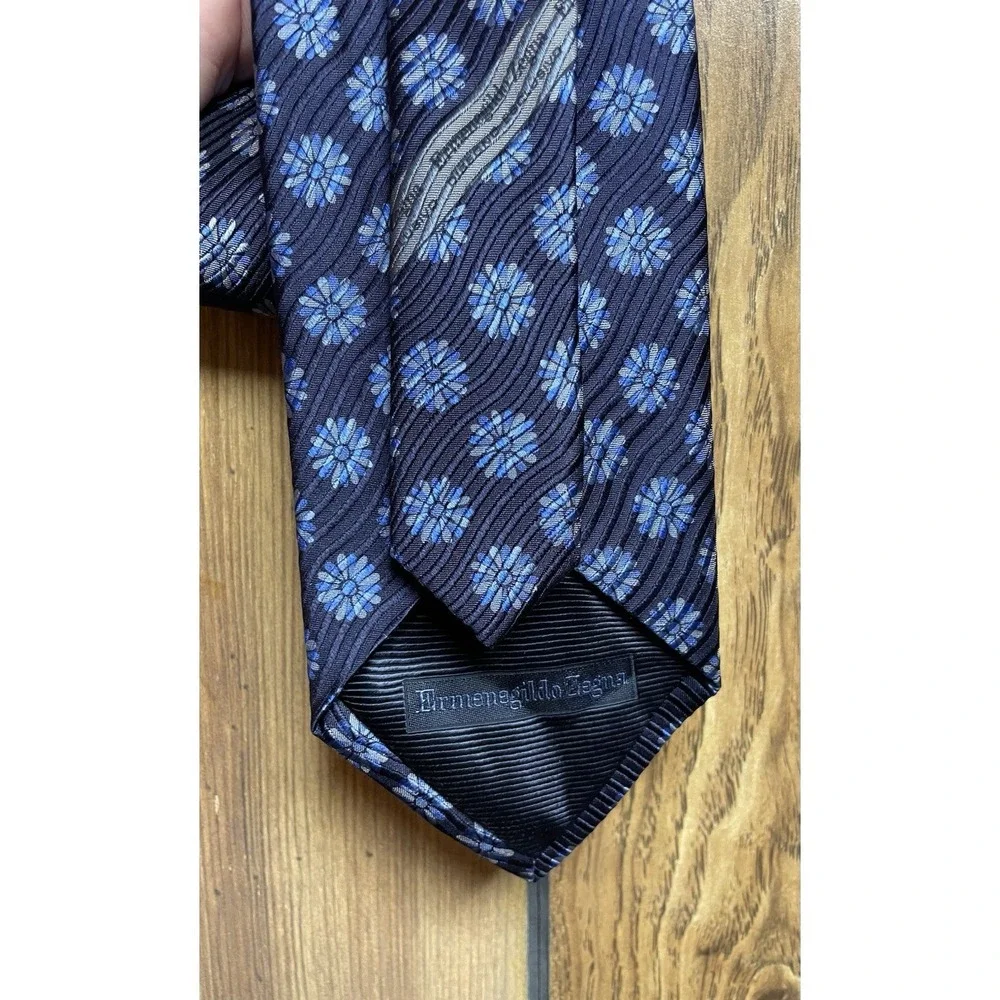Ermenegildo Zegna Tie Mens Blue Silk Floral Jacquard Italy‎ Disegno Esclusivo